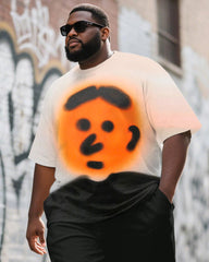 Men's Plus Size Street Graffiti Orange Fun Expression Print Round Neck Short Sleeve T-Shirt Shorts Suit