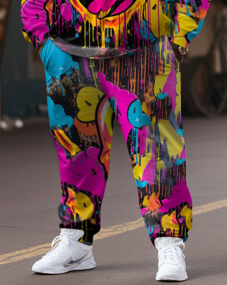 Men's Smiley Face Graffiti Splash Ink Long Sleeve Hoodie Set