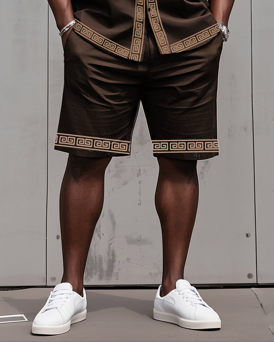 Big Man's Retro Daily Casual Edge Color Block Printing Short Sleeve Shirt Shorts Suit