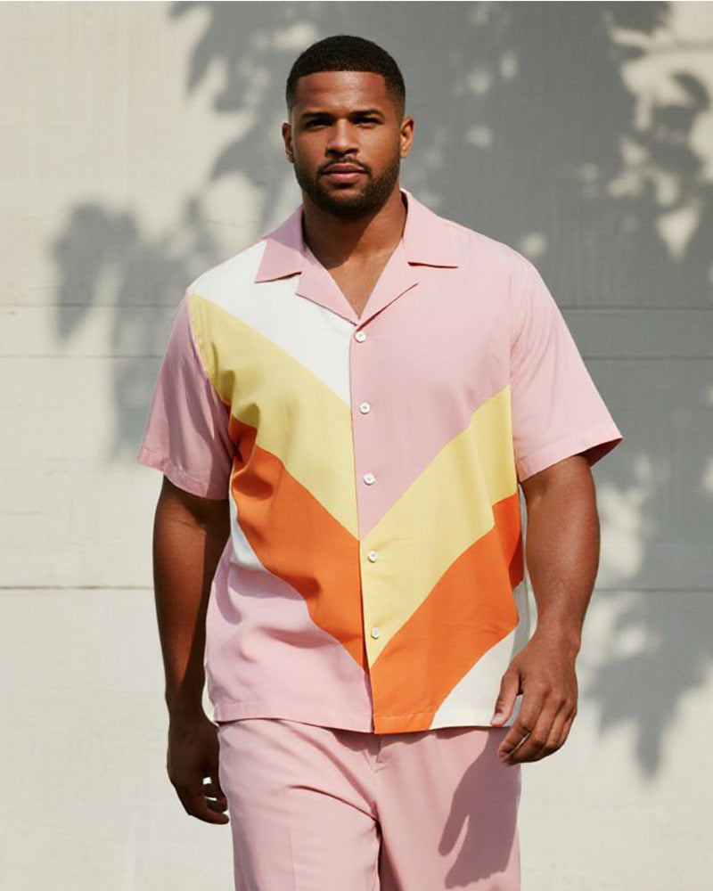 Big & Tall Men's Business Pink Color Block Printed Short Sleeve Shirt Trousers Suit