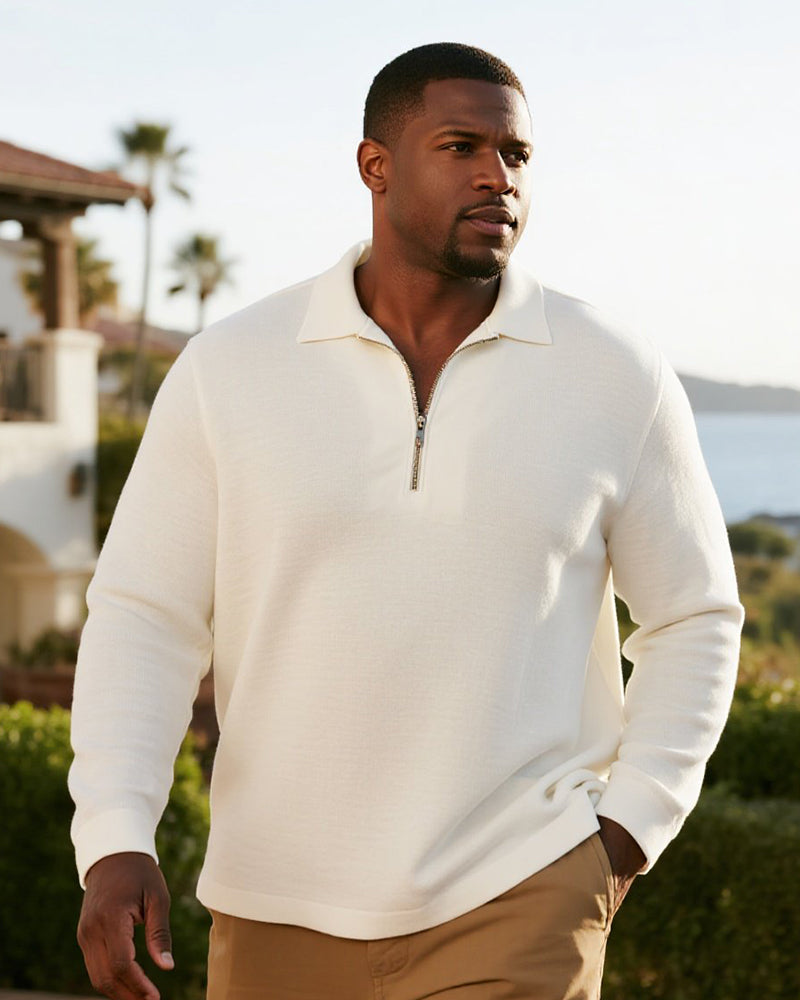 Big & Tall Men's Business Solid Color Long Sleeve Zipper Polo Shirt
