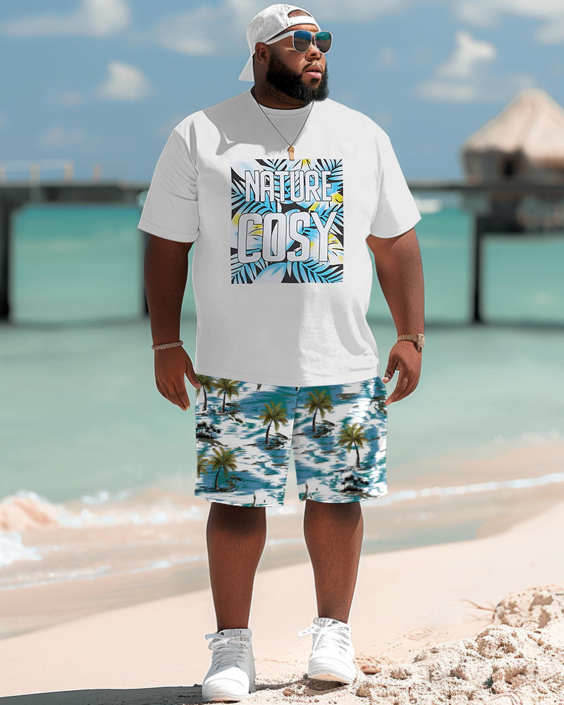Hawaiian Coconut Tree Alphabet Print Shorts Men's Big & Tall Set