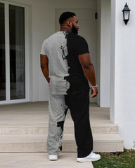 Men's Big & Tall Street Fashion Black Ink-throwing Small Label Printed Short-sleeved T-shirt Trousers Set