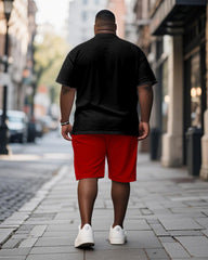 Men's Plus Size Black Big Man Cartoon Print Short Sleeve T-Shirt Shorts Suit