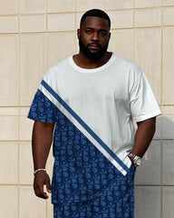 Men's Plus Size Big Brand Blue & White Logo Design Pattern Jacquard Short Sleeve T-Shirt Pants Suit