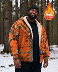 Big & Tall Men's Hunting Wind Orange Bottom Branch Print Velvet Thickened Zipper Cardigan Hoodie