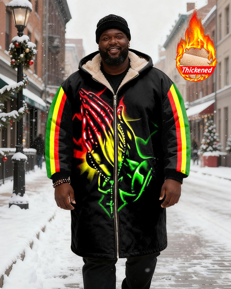 Big & Tall Men's Praying Hand Colorful Green, Yellow And Red Contrast Stripe Printed Velvet Thickened Long Hooded Coat