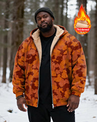 Big & Tall Men's Orange Brown Camouflage Textured Print Velvet Thickened Zip Hoodie