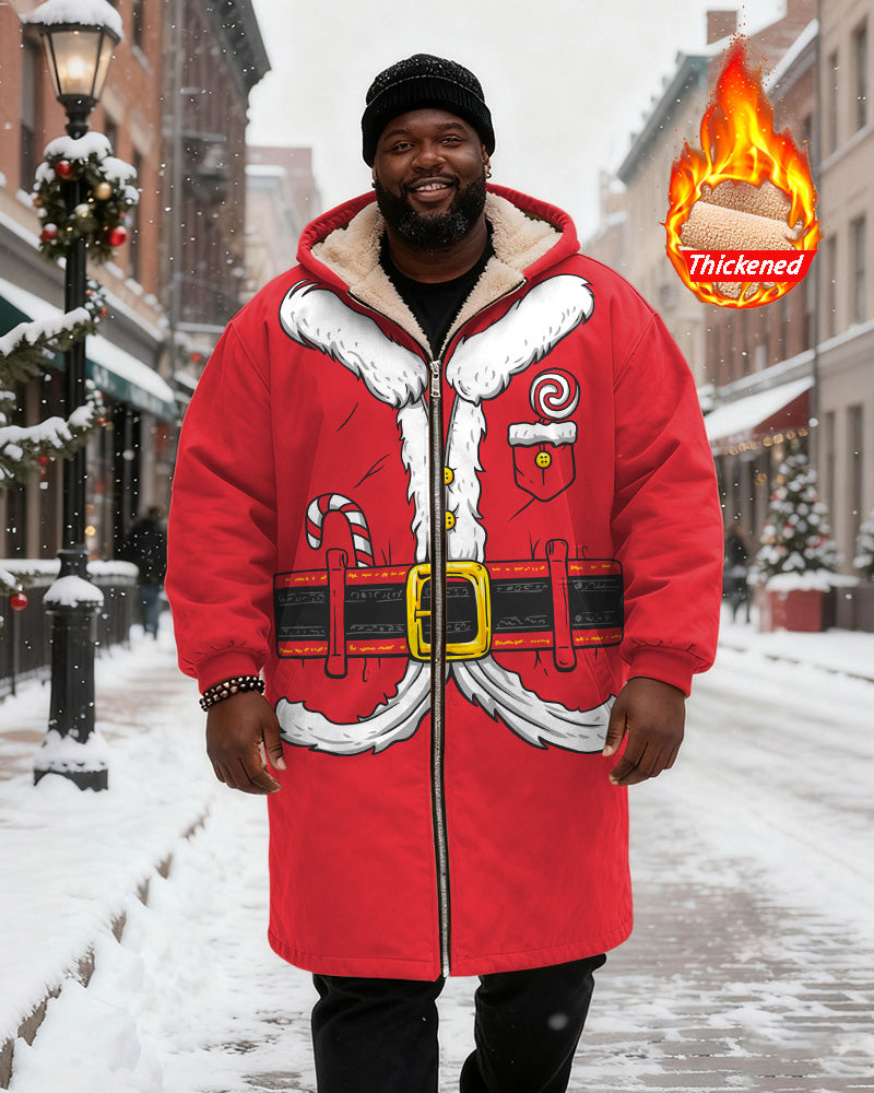 Big & Tall Men's Red Christmas Coat With Candy Print Velvet Thickened Long Hooded Coat