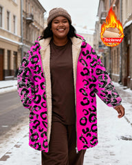 Women's Pink Black Leopard Print Snowflake Print Velvet Thick Long Hooded Coat