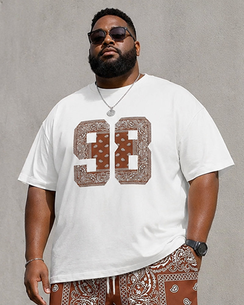 Big & Tall Men's Brown Paisley Patchwork Digital Printed Round Neck Short Sleeve T-Shirt Shorts Set