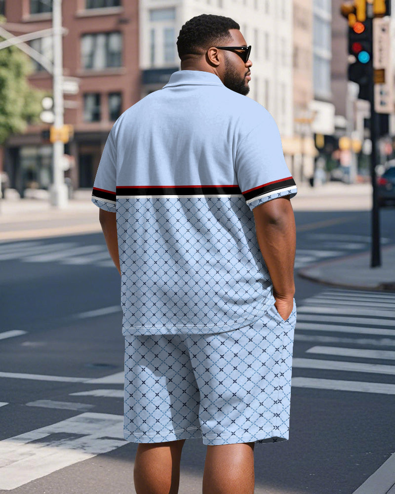Men's Plus Size Daily Blue Patchwork Letter Print Short Sleeve Polo Shirt Shorts Suit