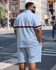 Men's Plus Size Daily Blue Patchwork Letter Print Short Sleeve Polo Shirt Shorts Suit