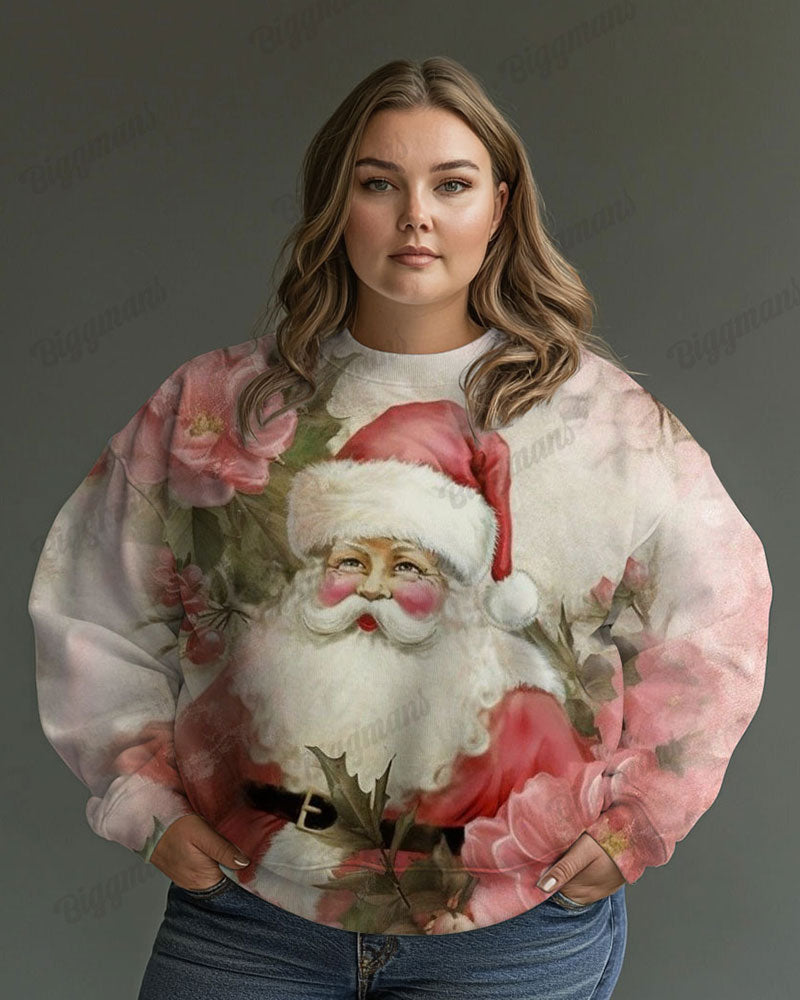 Big and Tall Vintage Santa Claus Print Casual Long Sleeve Sweatshirt