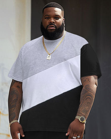 Street Casual Black And White Gray Color Block Print Large Men's Suit