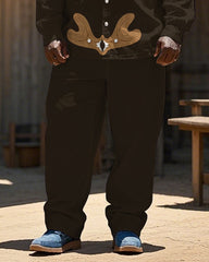 Western Cowboy Style Cartoon Pattern Floral Printed Big Men's Long Sleeve Shirt Trousers Set