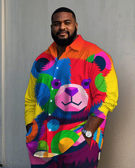 Big and Tall Men's Casual Colorful Bear Graffiti Animal Printed Long Sleeve Shirt Pants Set