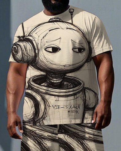 Big & Tall Men's Sketch Gloomy Robot Print Breathable Short-Sleeve T-shirt and Shorts Set