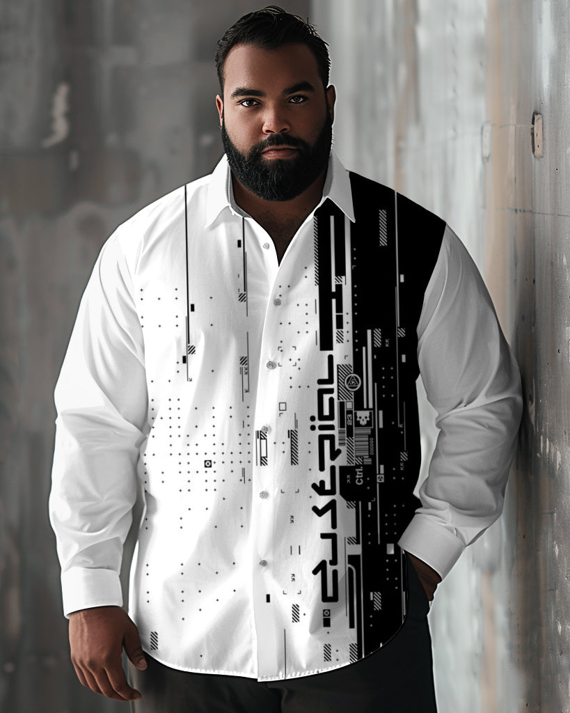 Big Men's Black and White Geometric Contrast Print Lapel Long Sleeve Shirt
