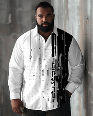 Big Men's Black and White Geometric Contrast Print Lapel Long Sleeve Shirt