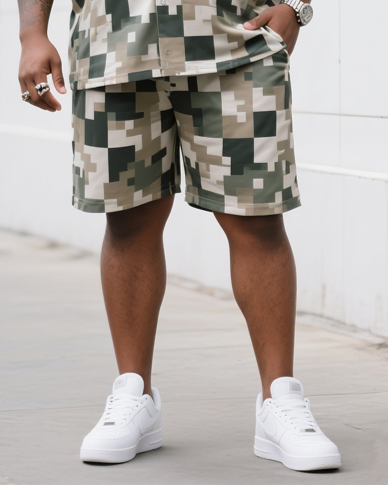 Big Man's Daily Leisure Outdoor Activities Design Creative Checkered Camouflage Short Sleeve Shirt Shorts Suit