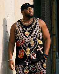 Big & Tall Men's Black Vintage Luxury Chain Printed Vest Shorts Suit