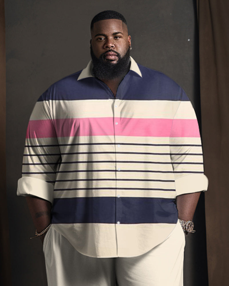 Men's Plus Size Casual Gentleman Color Block Long Sleeve Lapel 2 Shirt Set