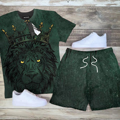 Big Men's Casual Green Lion Print Short Sleeve T-shirt Shorts Sets