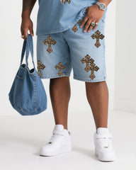 Big Shit Fashion Street Faith Cross Print Short Sleeve Shorts Denim Suit