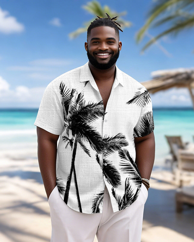 Men's Plus Size Hawaiian Black And White Leaf Print Short Sleeve Slub Shirt