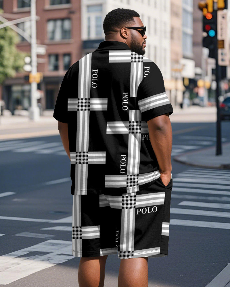 Men's Plus Size Daily Black Stripe Patchwork Letter Print Short Sleeve Polo Shirt Shorts Suit