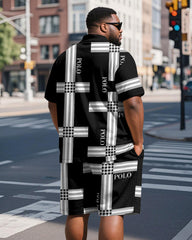 Men's Plus Size Daily Black Stripe Patchwork Letter Print Short Sleeve Polo Shirt Shorts Suit