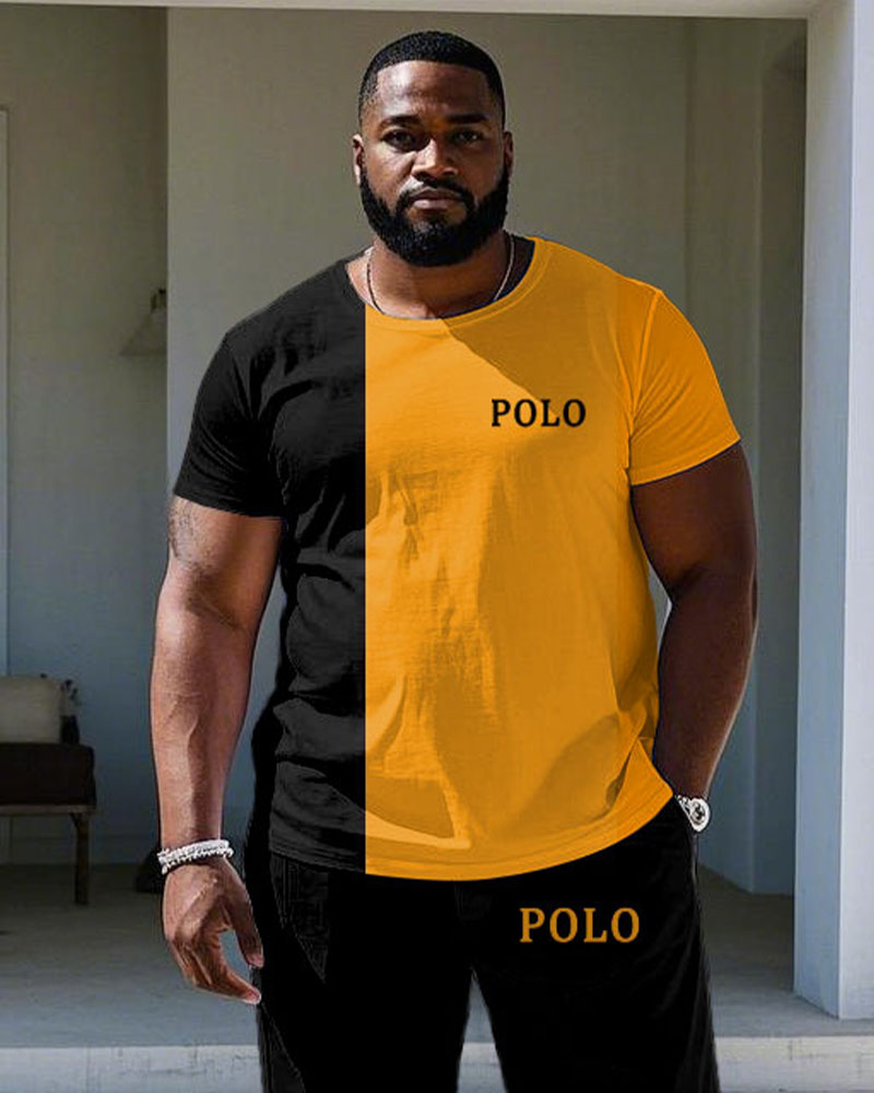 Men's Plus Size Black & Orange Chest Small Label Printed Short Sleeve T-shirt Trousers Suit