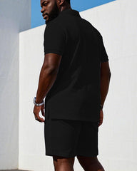 Men's large size Black Signature Shoulder Simple Print Short-sleeved polo shorts set