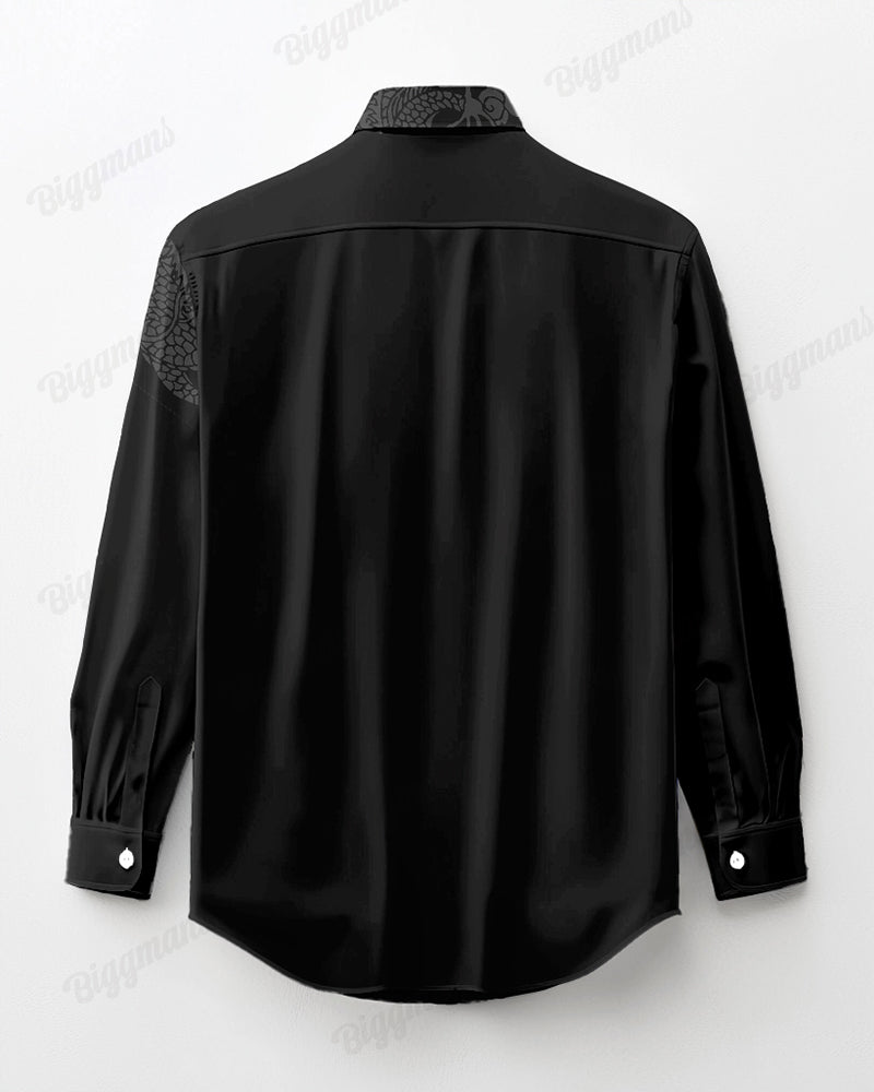 Chest Pocket Dragon Jacquard Long Sleeve Lapel Shirt 2-Piece Set Men's Plus Size
