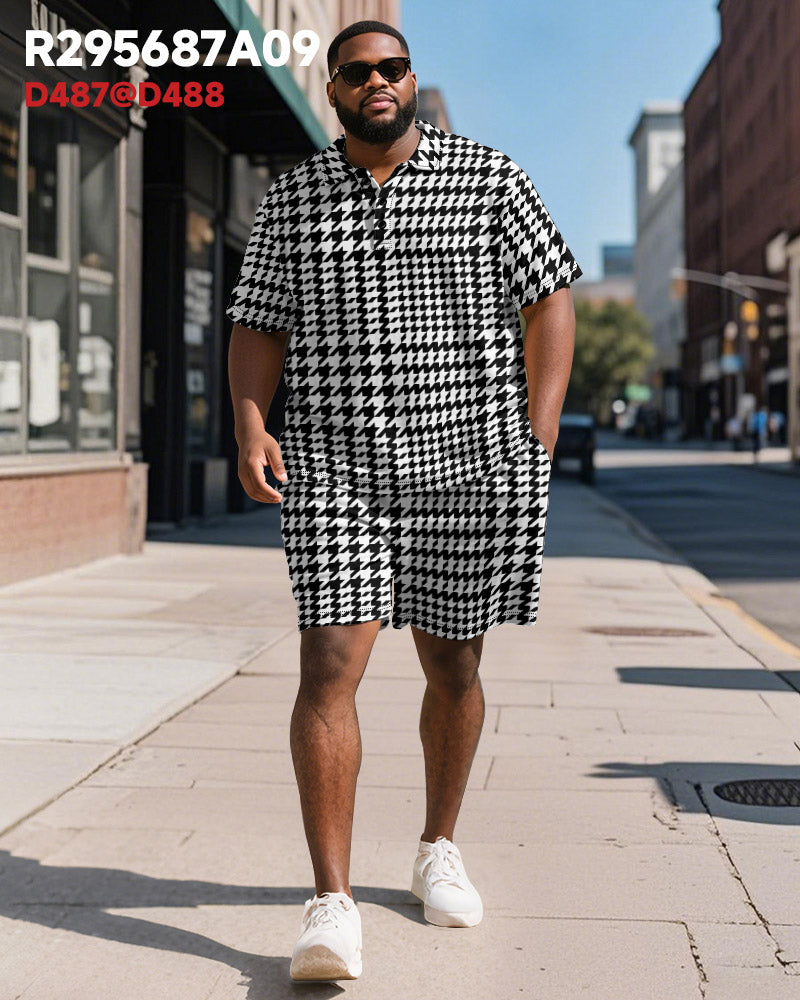 Men's Plus Size Business Black Houndstooth Print Short Sleeve Polo Shirt Shorts Suit