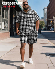 Men's Plus Size Business Black Houndstooth Print Short Sleeve Polo Shirt Shorts Suit