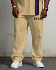Men's Plus Size Casual Khaki Chest Small Label Printed Short-sleeved T-shirt Trousers Suit