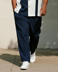Big & Tall Men's Business Blue Colorblock Stripe Printed Pocket Short Sleeve Shirt Trousers Suit