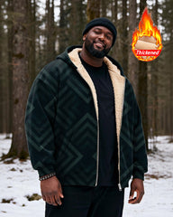 Big & Tall Men's Dark Green Geometric Print Velvet Thickened Zipper Hoodie