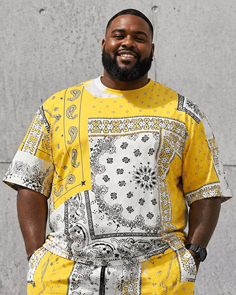 Big & Tall Men's Yellow And White Stitching Paisley Printed Crew Neck Short Sleeve T-shirt Shorts Set
