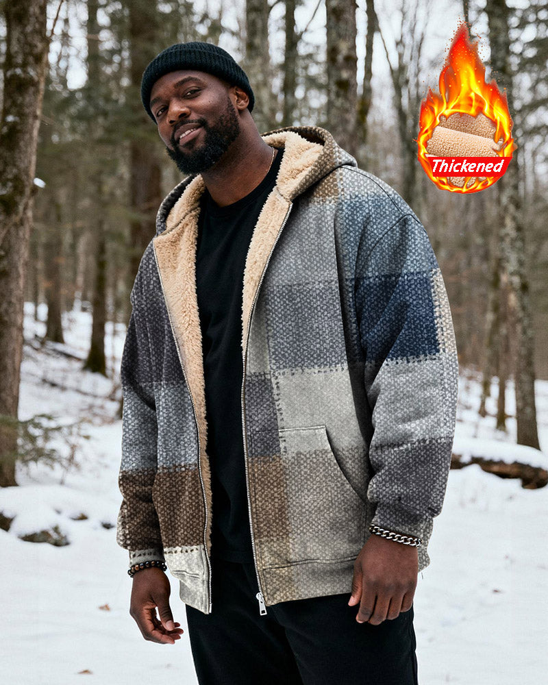 Big & Tall Men's Gray Brown Blue Plaid Stitching Printed Velvet Padded Zipper Hoodie