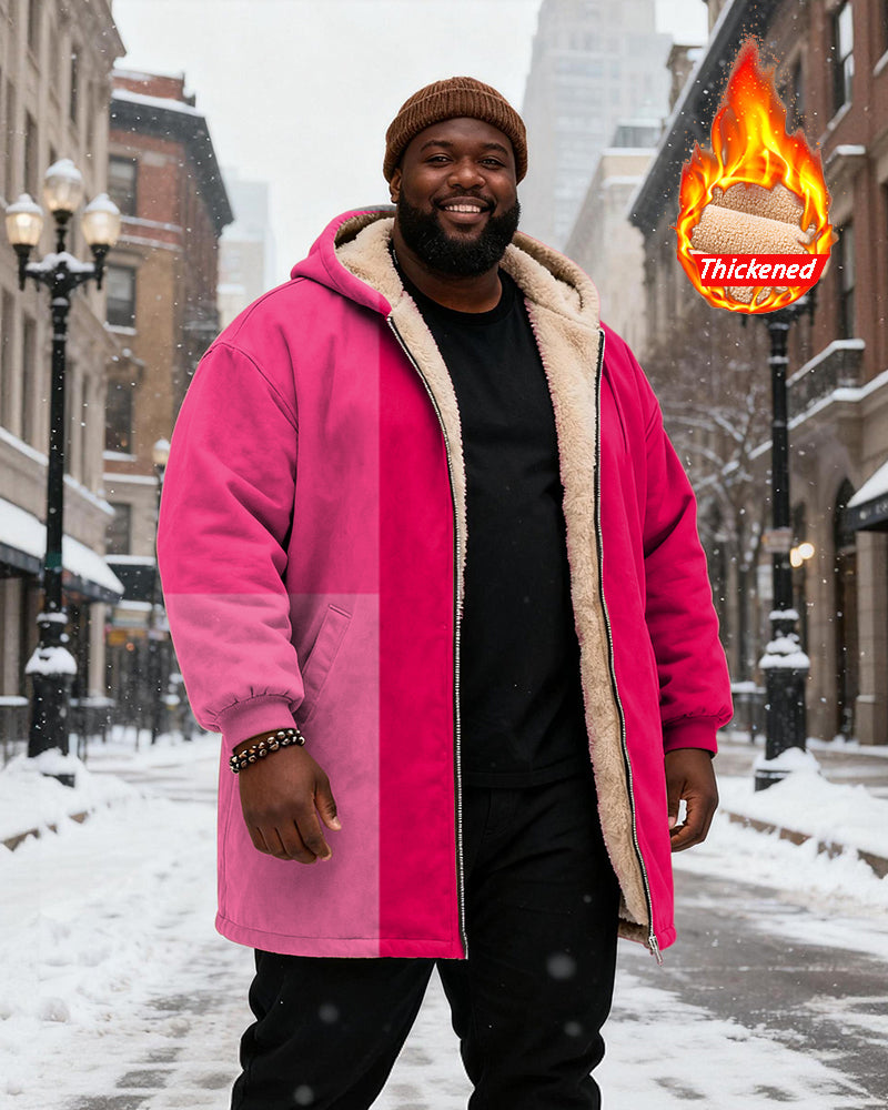 Big & Tall Men's Pink Gradient Printed Velvet Thickened Long Hooded Coat