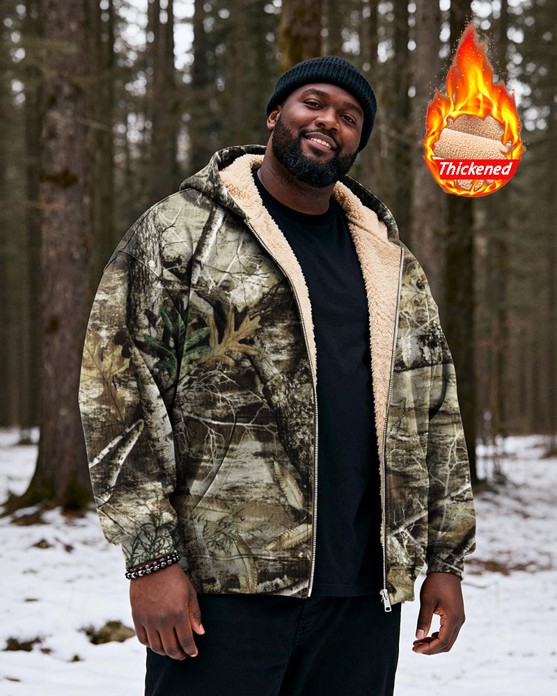 Big & Tall Men's Hunting Forest Camouflage Print Velvet Thickened Zipper Cardigan Hoodie