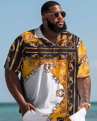 Men's Large Size Hawaiian Chain Pattern Art Color Block Polo Shirt and Shorts Two-piece Set