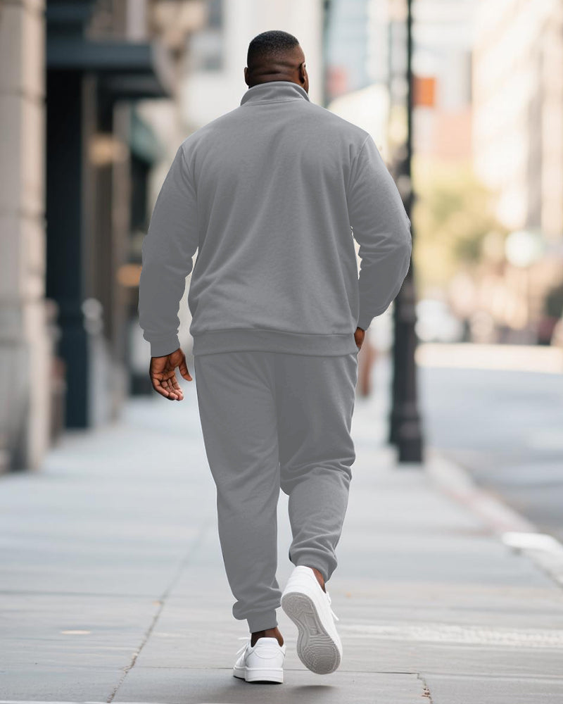 Big & Tall Men's RESPECT Solid Color Printed POLO Collar Zipper Long Sleeve Pants Two-Piece Set
