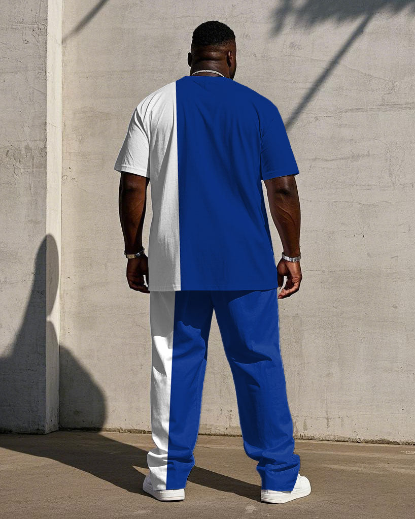 Big & Tall Men's Summer White & Blue Colorblock Handwritten Respect Slogan Printed Short Sleeve T-Shirt Pants Suit