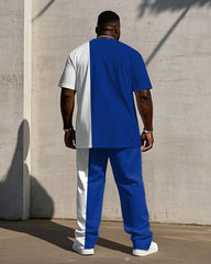 Big & Tall Men's Summer White & Blue Colorblock Handwritten Respect Slogan Printed Short Sleeve T-Shirt Pants Suit