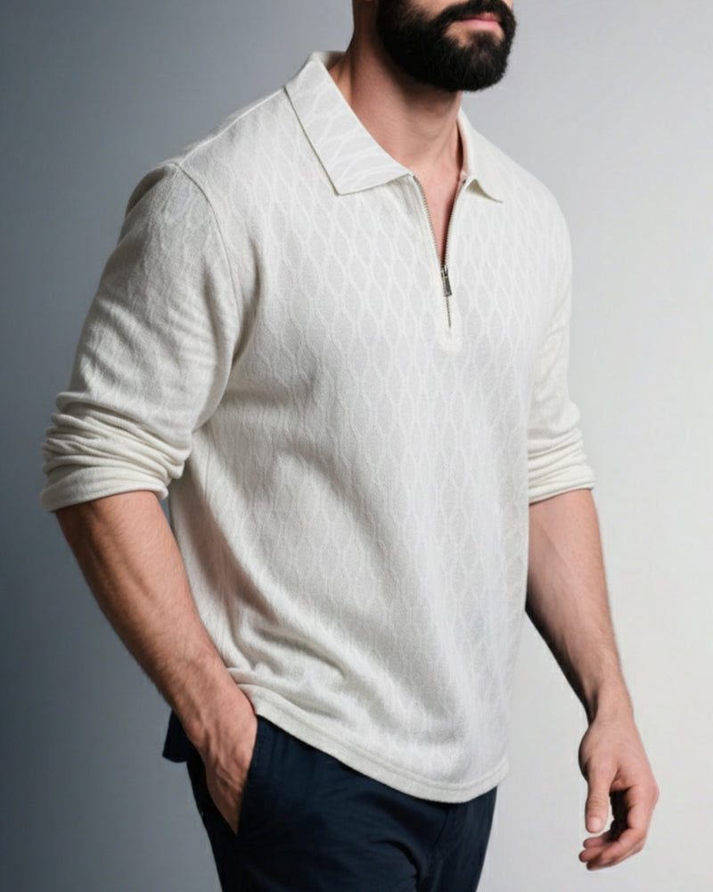 Big & Tall Men's White-Autumn And Winter Jacquard Texture Knitted Fabric Metal Zipper Long Sleeve POLO Shirt