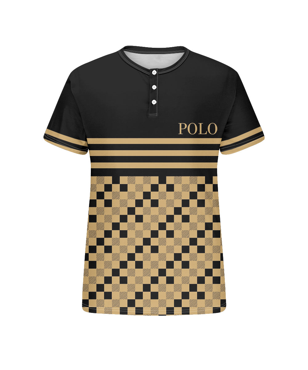 Men's Plus Size Casual Daily Black Plaid Print Henry Collar Button Short Sleeve T-Shirt